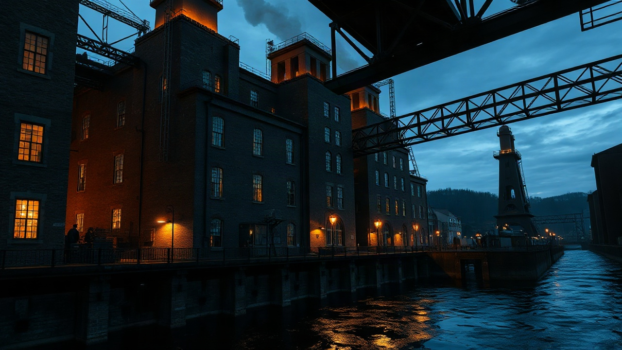 Atmospheric art of a brick foundry beside a canal