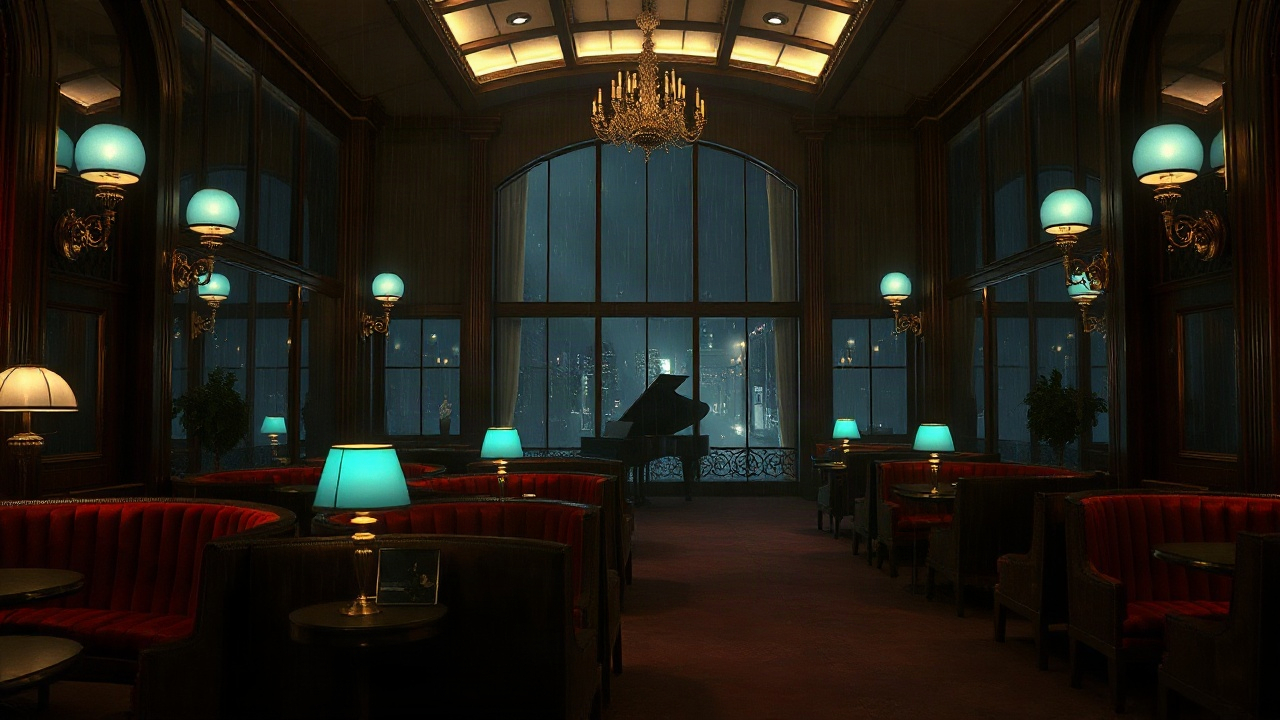 Atmospheric art of a velvet and brass nightlife lounge